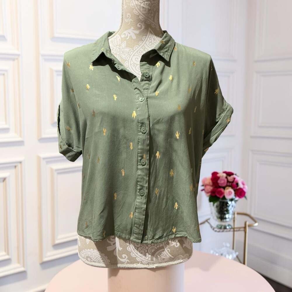 Solitaire Olive Green Cactus Print Short Sleeve Button-Down Shirt Size L